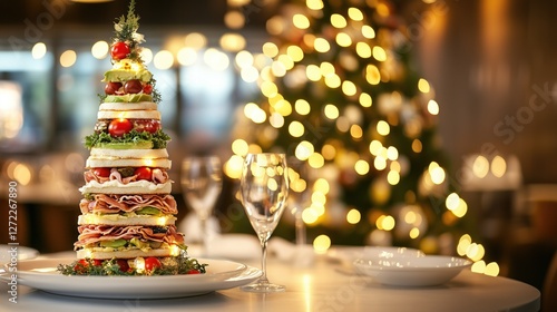 Sandwich christmas tree celebrating festive dinner party, copy space