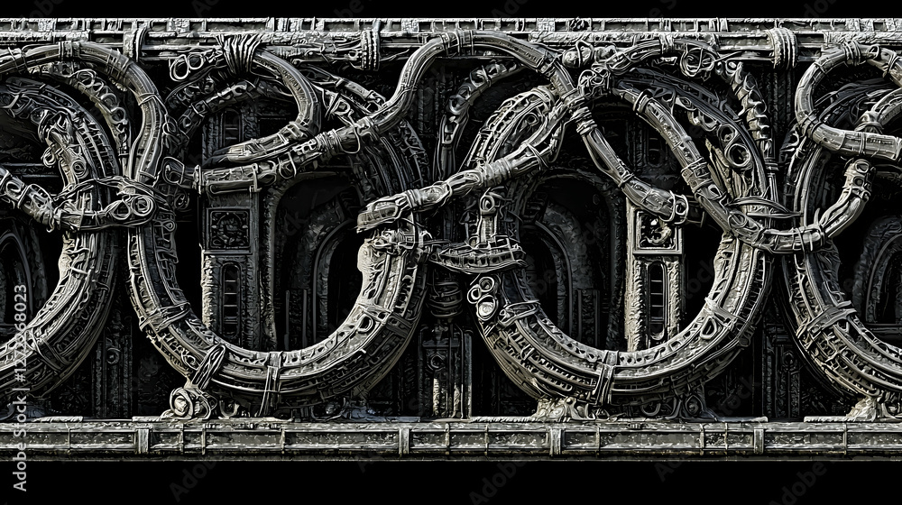 Fototapeta premium Futuristic metallic wall texture, intricate design, dark background, seamless pattern, 3D render, ideal for sci-fi design