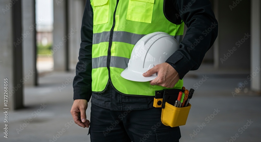 Construction Worker Holding Helmet at Building Site with Safety Vest on Construction Worker Holding Helmet at Building Site with Safety Vest on