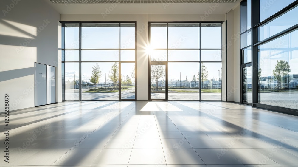 Fototapeta premium Empty modern office space with large windows. Sunlight streams in. Possible use Commercial real estate