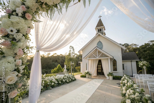 Outdoor wedding ceremony at a white chapel