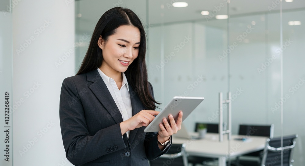 Businesswoman Using Tablet in Modern Office for Corporate Communication Businesswoman Using Tablet in Modern Office for Corporate Communication