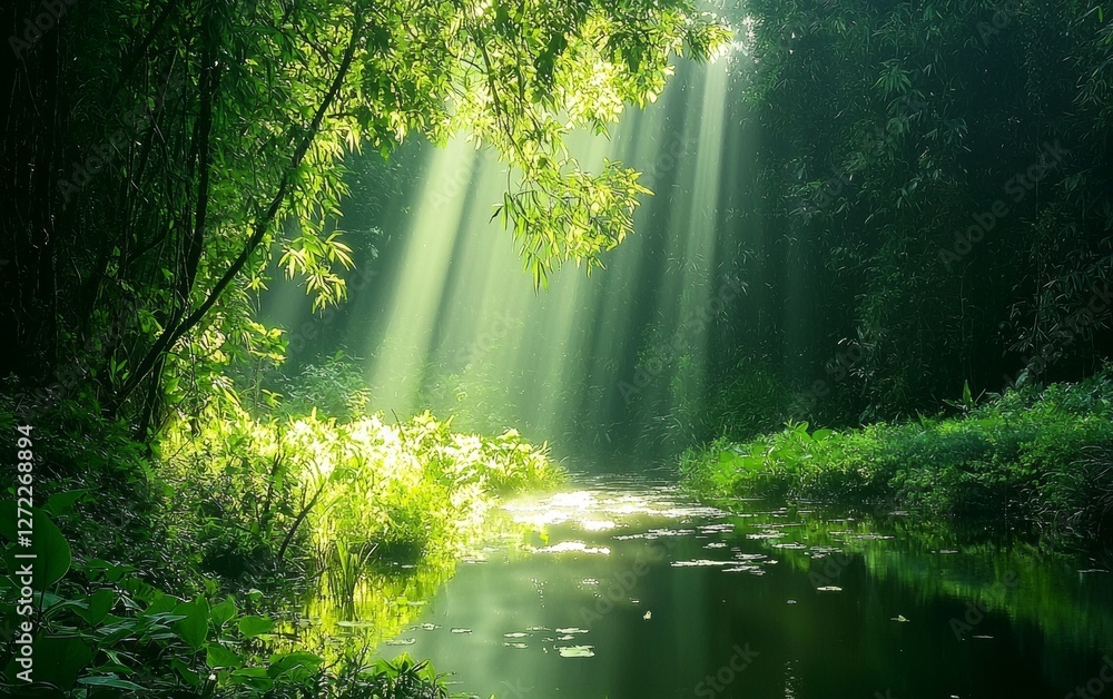 Obraz premium Sunlight filters through the canopy illuminating a serene forest stream during midday hours