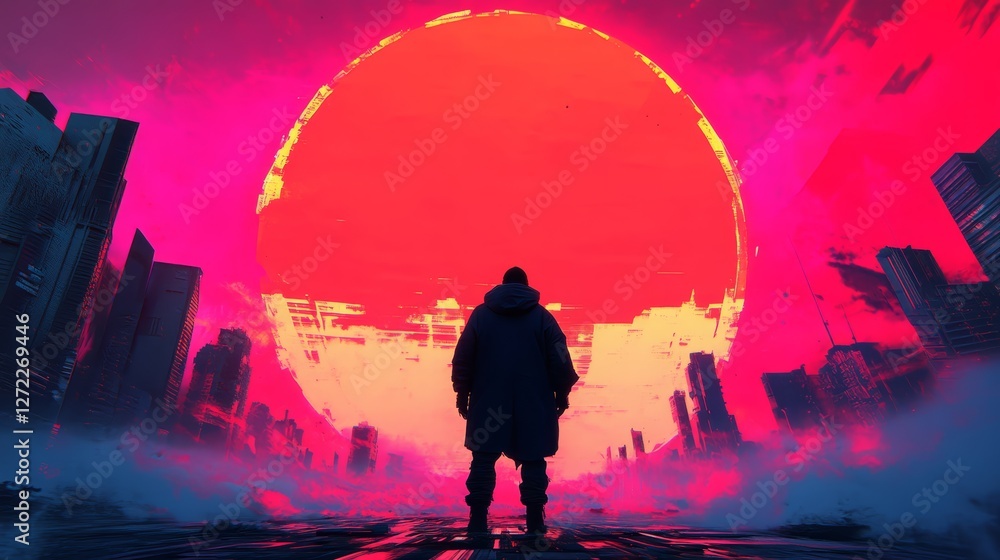 Fototapeta premium A lone figure stands before a colossal red sphere in a futuristic cityscape, bathed in vibrant pink and blue hues.