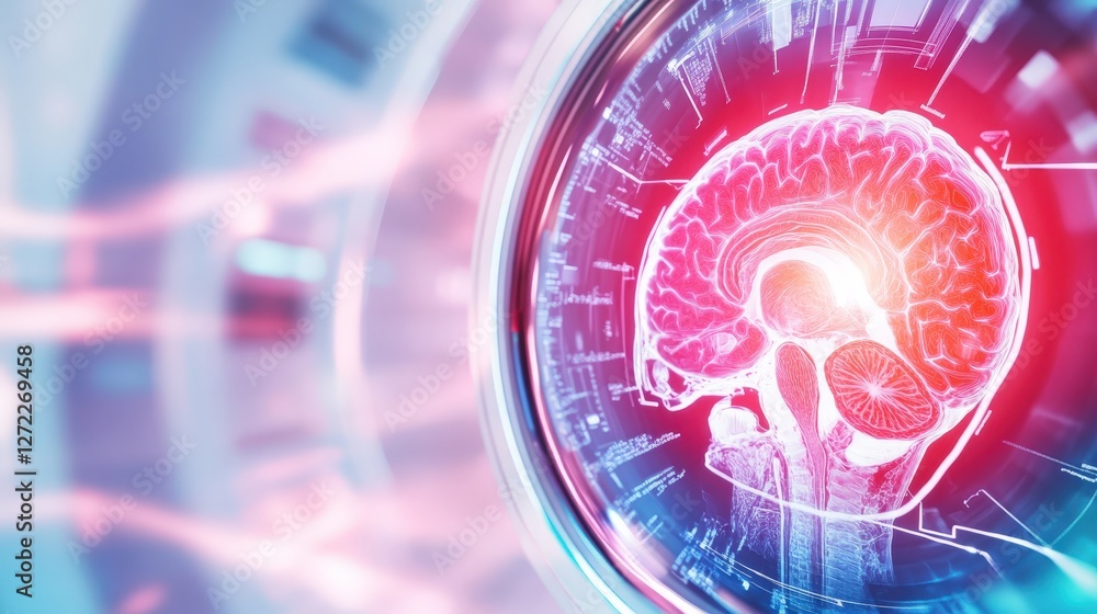 Obraz premium A futuristic representation of a human brain, illuminated with vibrant colors and digital patterns, symbolizing advanced technology and neuroscience innovation.