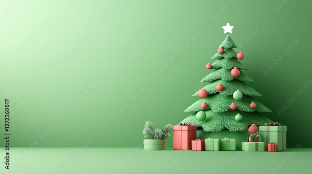 Minimalist christmas tree with ornaments and gifts on green background Minimalist christmas tree with ornaments and gifts on green background