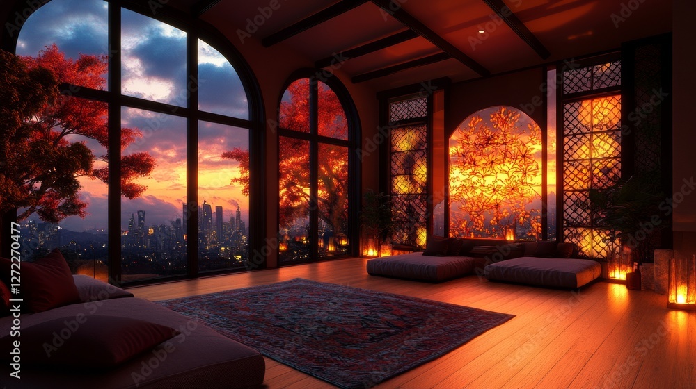 Fototapeta premium Serene sunset view from a luxurious living room with floor cushions and warm lighting.