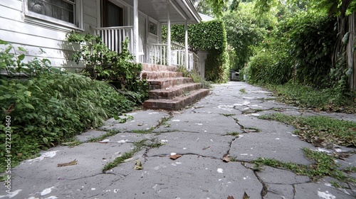Damaged gray stone walkway leading to a white house porch