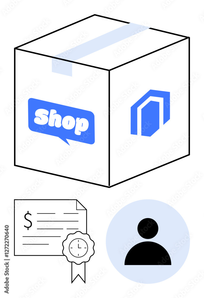 Package with Shop text, invoice, and customer profile icon. Ideal for online shopping, delivery services, e-commerce, customer service, retail logistics and business transactions. Abstract line Package with Shop text, invoice, and customer profile icon. Ideal for online shopping, delivery services, e-commerce, customer service, retail logistics and business transactions. Abstract line