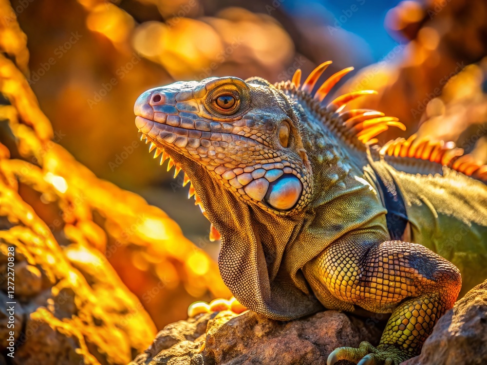 Fototapeta premium Iguana Lizard Sunbathing on Rocks - Stock Photo