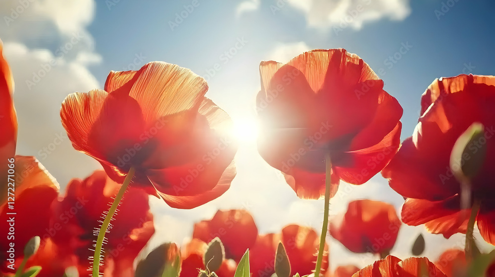 Naklejka premium Radiant red poppies in a field under a bright sky