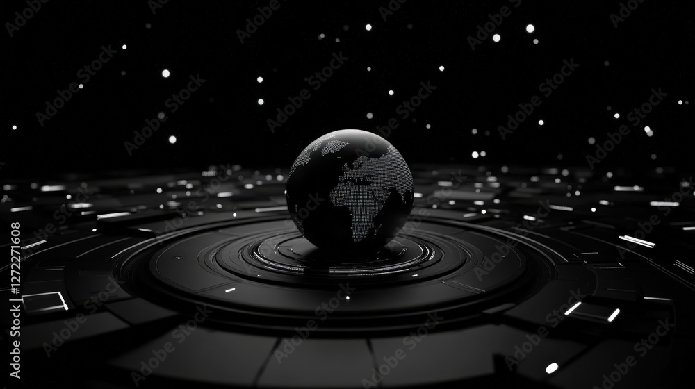 Fototapeta premium A futuristic globe with a digital aesthetic, floating above a circular base in a dark, starry environment. This visual captures the essence of innovation and global connectivity.