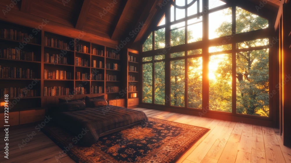 Warm sunset light streams into a cozy bedroom with a built-in bookcase and a plush bed, creating a serene atmosphere. Warm sunset light streams into a cozy bedroom with a built-in bookcase and a plush bed, creating a serene atmosphere.