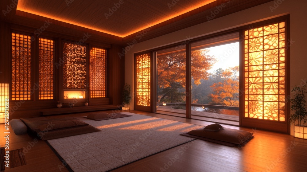 Fototapeta premium Serene minimalist zen room with warm lighting and autumnal view. Perfect for relaxation and meditation.