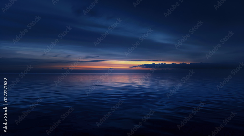 Naklejka premium Calm waters reflect the deep blue hues of dusk over the horizon in this serene coastal landscape at twilight.