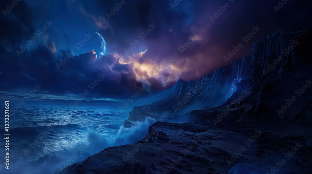 Waves crash against dark rocky cliffs as a vibrant sky filled with clouds and stars creates a stunning nocturnal landscape. A large moon casts a mystical glow over the scene. Waves crash against dark rocky cliffs as a vibrant sky filled with clouds and stars creates a stunning nocturnal landscape. A large moon casts a mystical glow over the scene.
