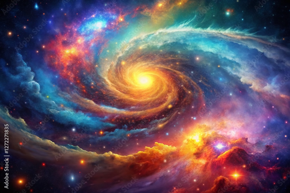 Fototapeta premium Impressionist Cosmic Galaxy: Swirling Nebula in Vibrant Hues, Dreamlike Drone Aerial