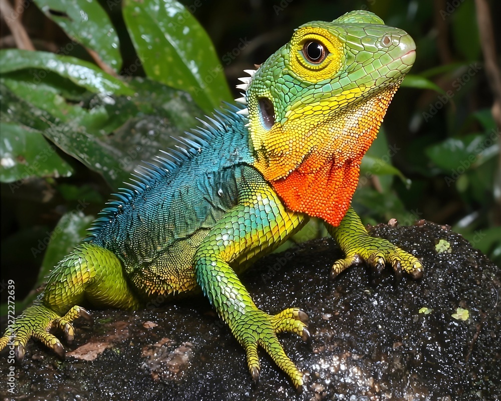 Obraz premium Vibrant lizard on a rock in a lush rainforest