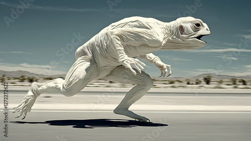 Strange creature running on desert highway;  surreal scene photo