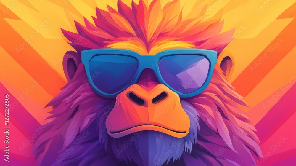 Cool monkey in vibrant sunglasses against a bold, geometric background. A fun, colorful illustration. Cool monkey in vibrant sunglasses against a bold, geometric background. A fun, colorful illustration.