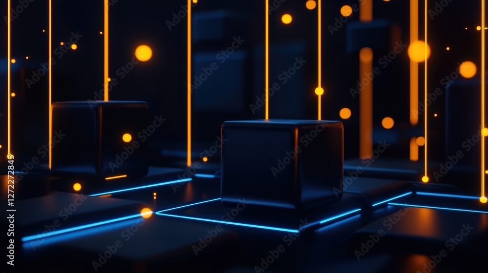 Obraz premium A futuristic digital landscape featuring glowing cubes and vibrant lines of light, representing innovation and the merging of physical and virtual worlds