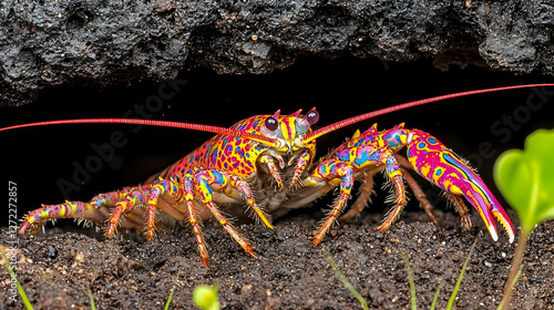 Vibrant Rainbow Lobster Emerging from Volcanic Rock Crevice, Galapagos Islands photo