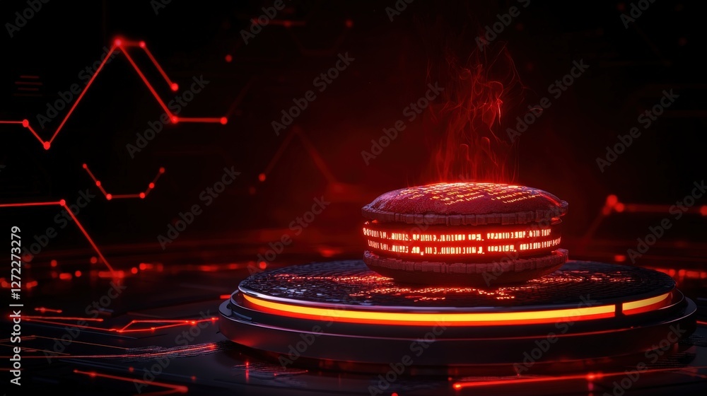 A futuristic digital interface displays a glowing red circular element, surrounded by abstract data patterns A futuristic digital interface displays a glowing red circular element, surrounded by abstract data patterns