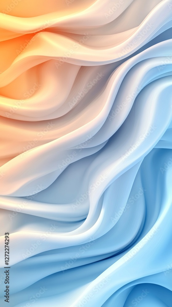Fototapeta premium Abstract image of flowing fabric in shades of blue and orange. Smooth, elegant curves create a calming, dreamy feel.