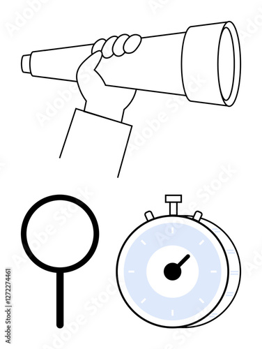 Hand gripping a telescope, magnifying glass, and stopwatch symbolize exploration, thorough observation, timing, and decision-making. Ideal for strategy, analysis, discovery management research