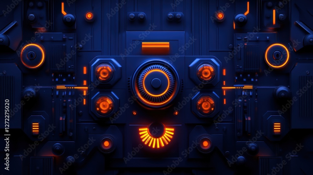 Fototapeta premium A futuristic control panel featuring glowing orange and blue interfaces. This abstract image represents advanced technology and modern design, ideal for innovation-themed projects.