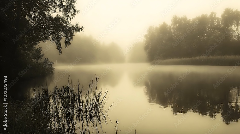 Fototapeta premium Misty Morning Lake Reflections Serene Treescape