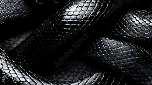 Close-up view of black snake skin texture, abstract design, background showing intricate pattern. Use for fashion, design, or wallpaper