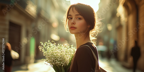 Fototapeta Naklejka Na Ścianę i Meble -  Young French woman with small bunch of lily of the valley on a street of Paris.