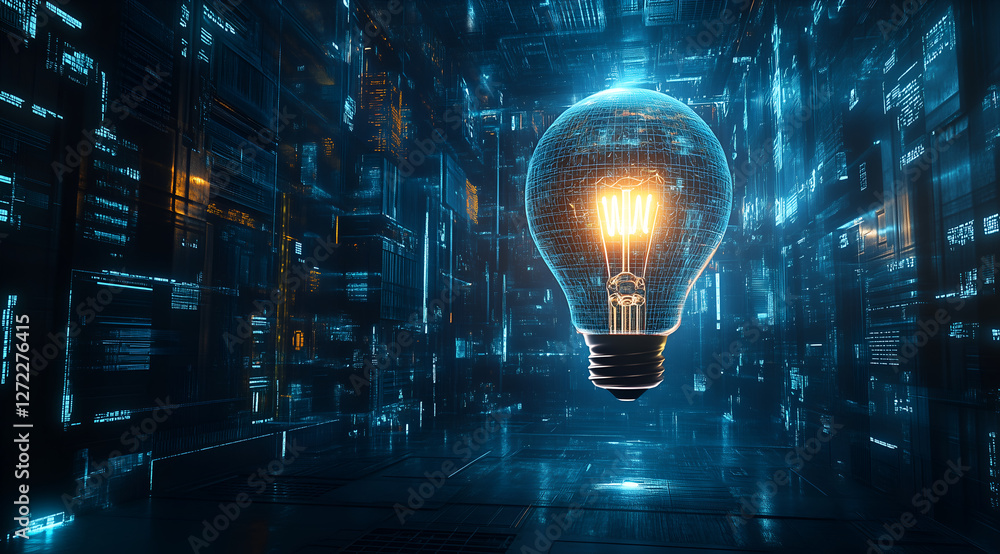 Obraz premium glowing light bulb against a digital technology background, symbolizing innovation and creativity.