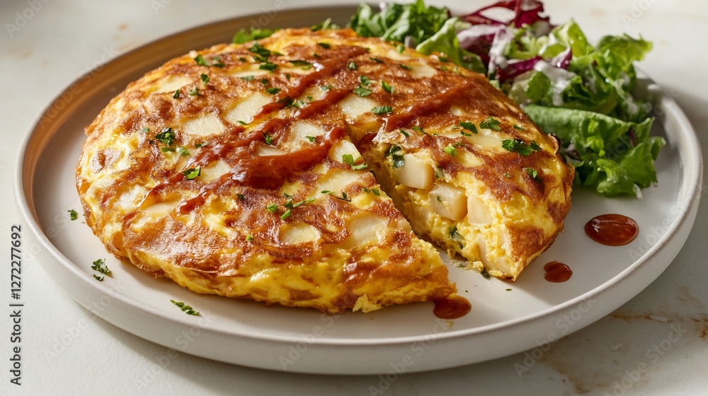 Hearty Spanish tortilla de patatas potato omelette sliced served with a side salad Hearty Spanish tortilla de patatas potato omelette sliced served with a side salad