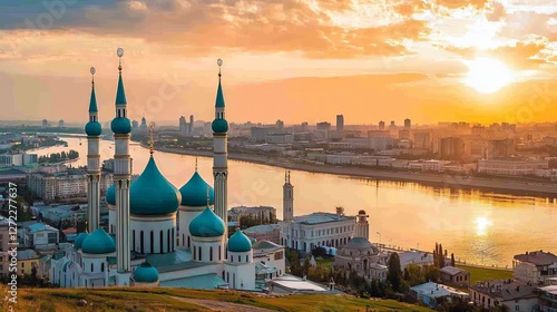 Kazan from above in panoramic beauty. The Kazanka River splits historic domes and modern skyscrapers, reflecting golden sunlight as the day fades photo