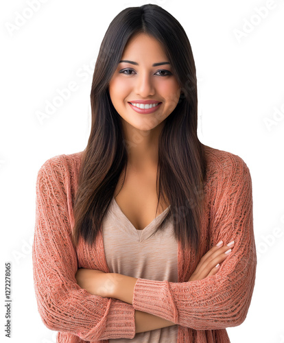 portrait of a young smiling Hispanic woman wearing pink sweater, isolated on white transparent background