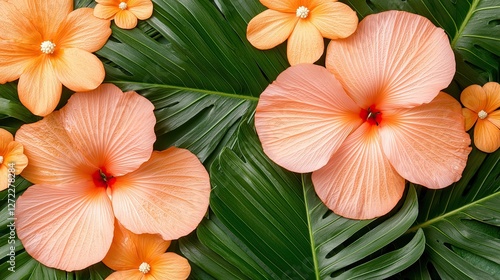Wallpaper Mural Peach Hibiscus Flowers Arranged on Lush Green Leaves Torontodigital.ca