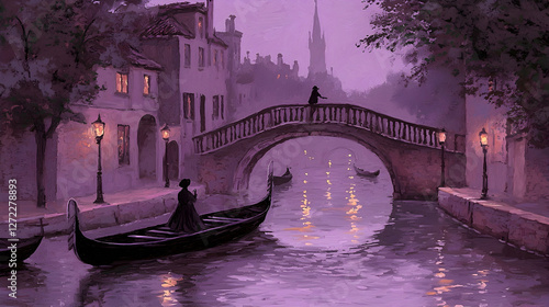 Romantic Gondola Ride at Dusk, Canal City, Misty Evening,  Couple on Bridge, Travel Poster