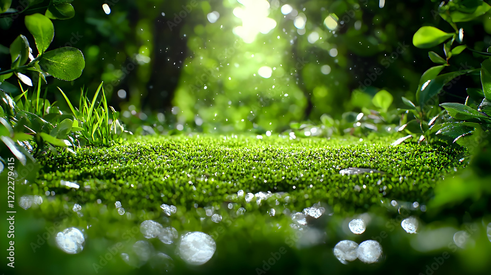 Lush green moss, rain, forest background, nature scene Lush green moss, rain, forest background, nature scene