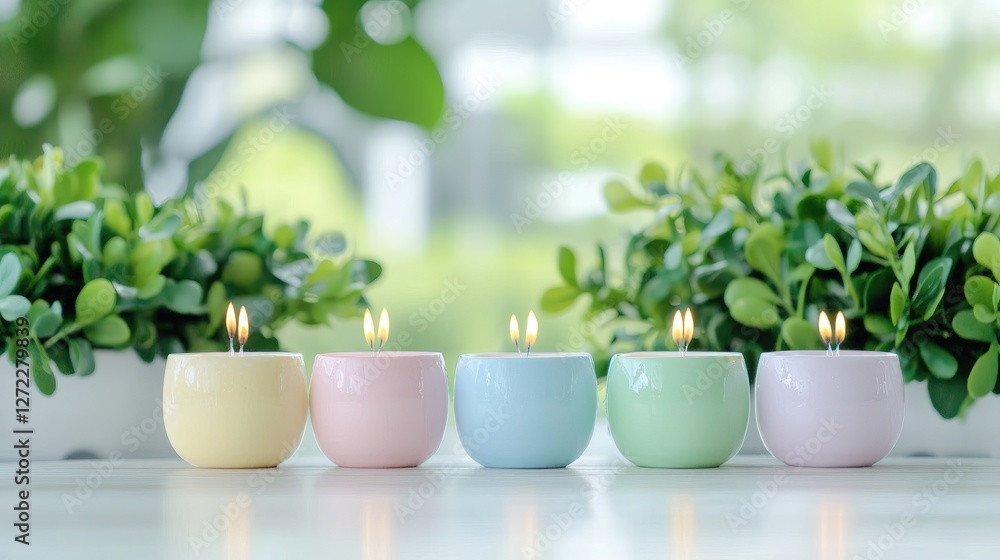 Obraz premium Pastel candles burning, plants, window, serenity