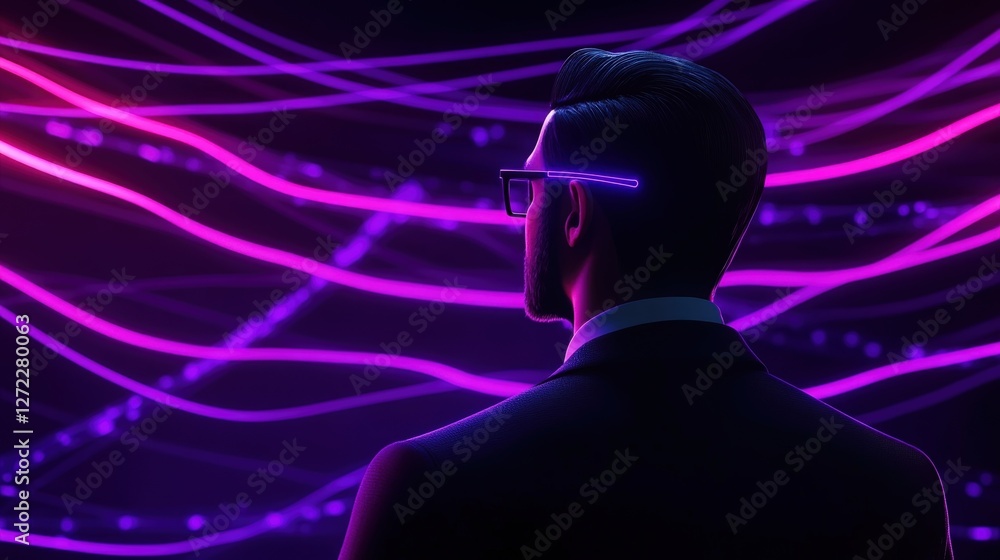 A digital representation of a person in a suit with glowing glasses, standing against vibrant purple and blue waves of light, symbolizing innovation and futuristic ideas.