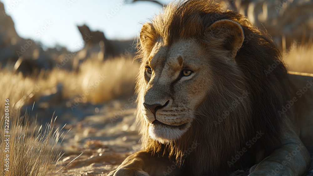 Obraz premium lion is lying on the grass with blur background