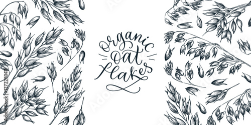 Label design for oats flakes. Vector sketch illustration. Oatmeal granola package. Cereal ears grain on white background