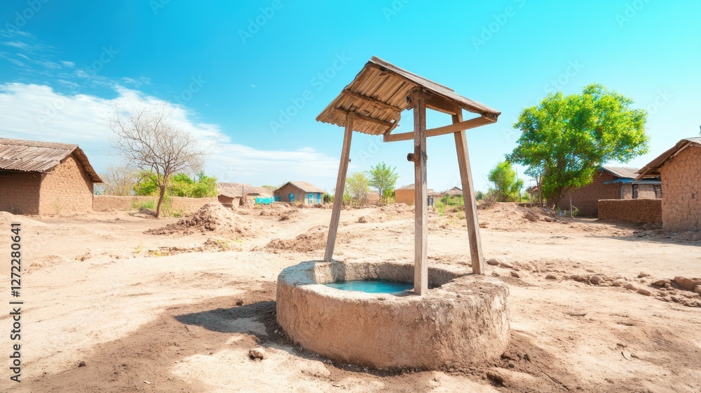 Traditional Desert Village with Sustainable Shallow Well and Historical Water Pump in Rural Landscape