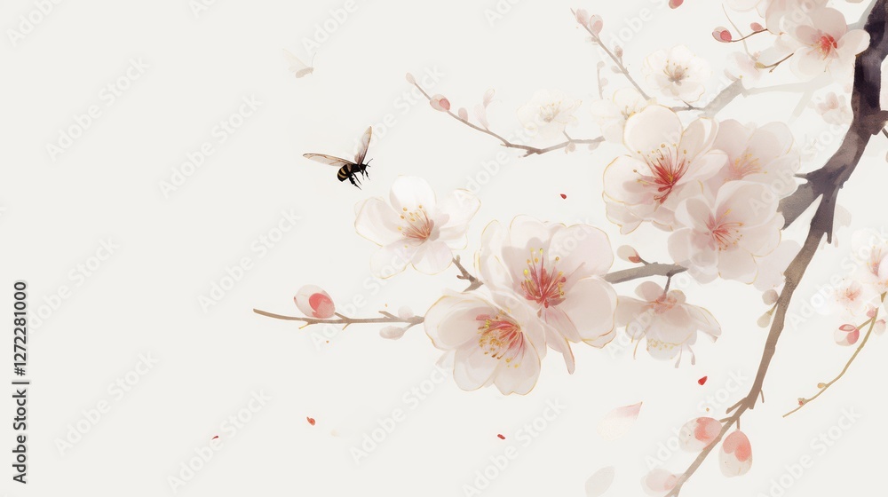 Fototapeta premium Bees collecting nectar, butterflies flying, flowers blooming in spring