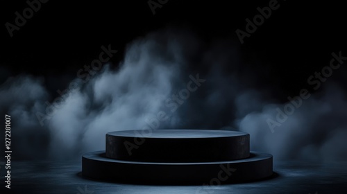 A dark and dramatic scene featuring a circular podium surrounded by swirling mist