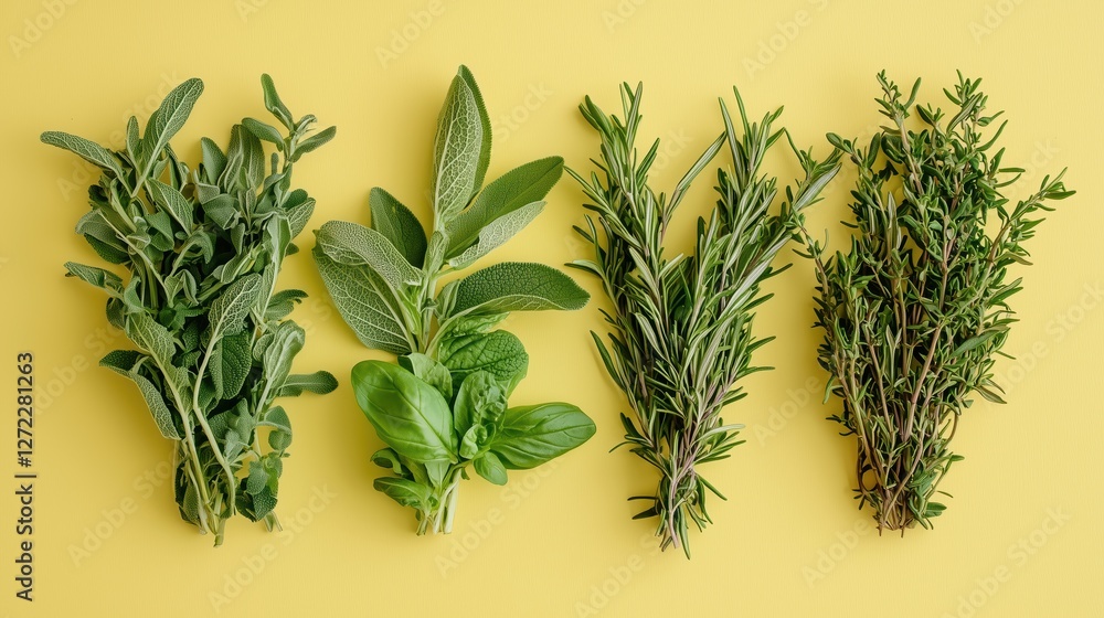 fresh aromatic herbs on a yellow background
