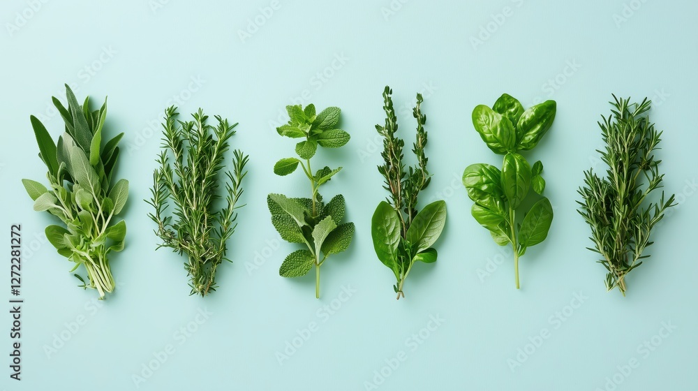 fresh aromatic herbs on a yellow background