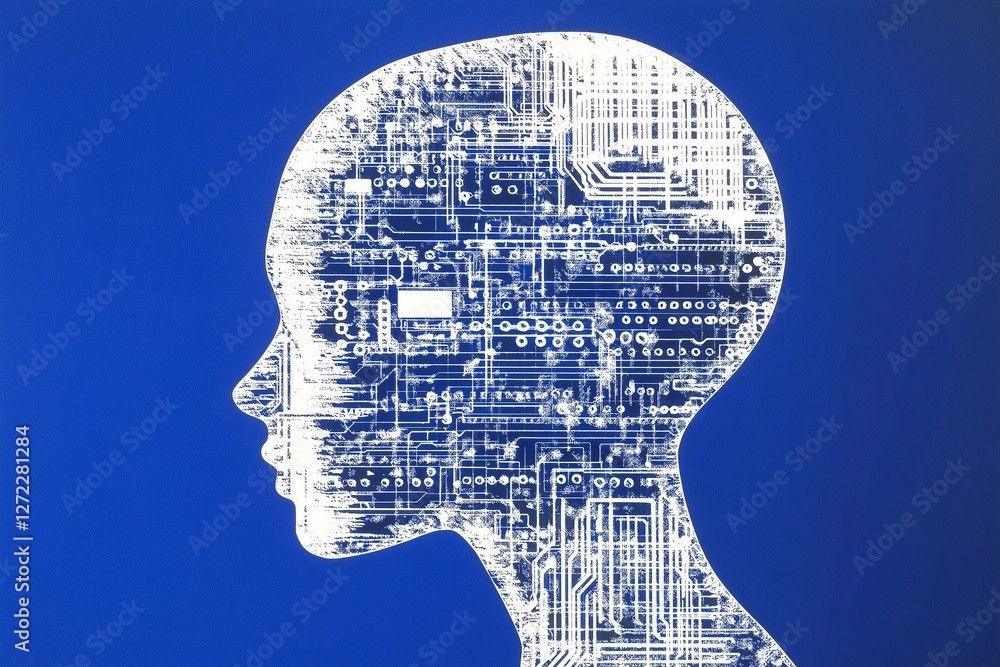 Digital human profile with artificial intelligence circuitry on blue background illustrating future technology concepts Digital human profile with artificial intelligence circuitry on blue background illustrating future technology concepts